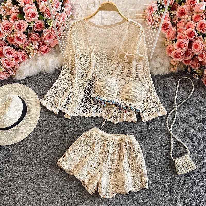 Austin Crochet Blouse With Shorts And Cape Set